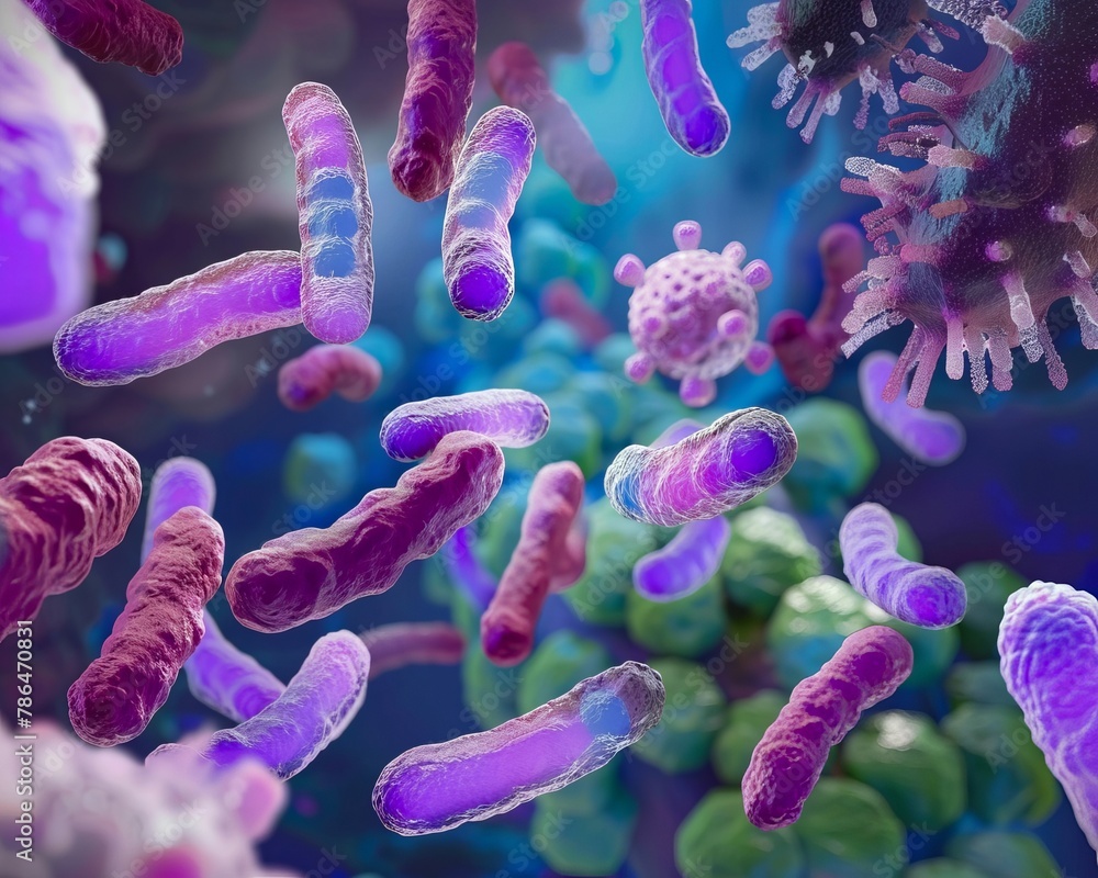 Naklejka premium Show the interplay between probiotics and other microorganisms in the gut microbiome, abstract , background