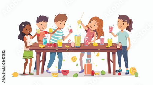 Boy sharing lemonade or juice with friends. 