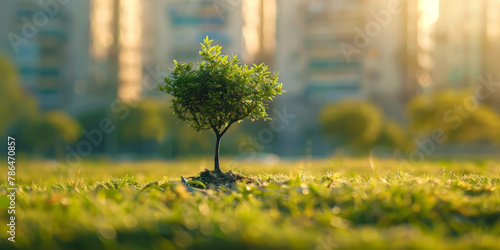green tree growing on grass with city background, ecology concept. Green environment and eco friendly for sustainable development. copy space photo