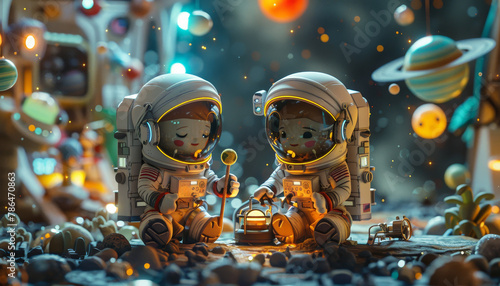 Two astronauts are sitting on a rocky surface by AI generated image