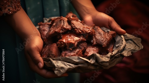 Hands of a person distributing Eid ul-Adha meat to orphanages photo