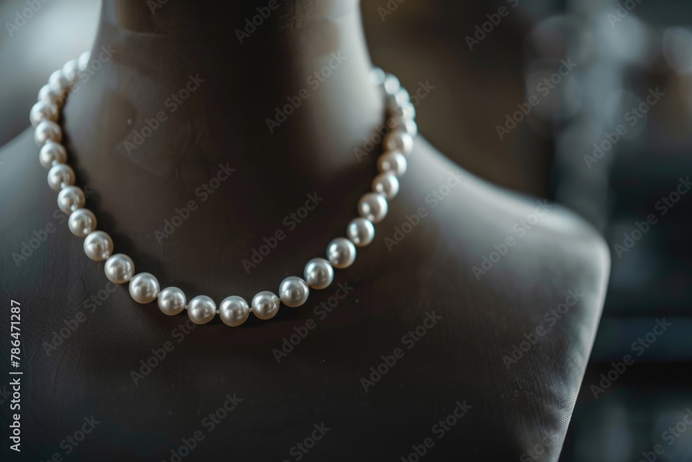 Woman wearing pearl necklace.