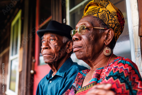 Elderly African American couple sitting on the porch of their house. Concept of wisdom, aging together, and cultural heritage