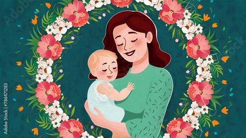 Happy Mother's Day Illustration, mothers love relationships between mother and child with flower in the background, photo