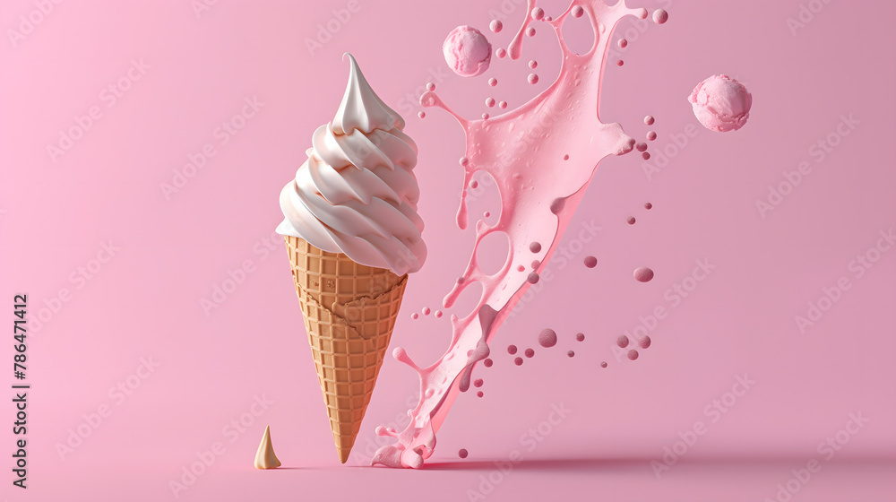 Levitating Pink Ice Cream Scoops with Cone on Pink Background