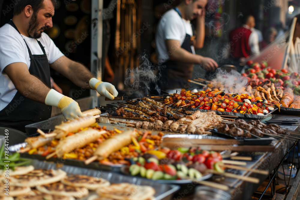 A man is cooking food on a grill. There are many different types of food, including vegetables and meat A man is cooking food on a grill. There are many different types of food, including vegetables and meat