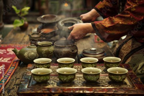 A person is pouring tea into a teapot from a tray of cups. The cups are arranged in a neat row, and the person is wearing a red jacket. Concept of calm and relaxation