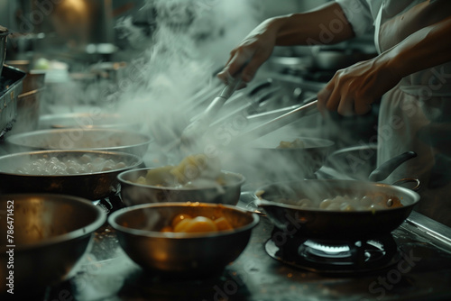 A man is cooking food in a kitchen with a lot of smoke. The man is using a spoon to stir the food in a pan. The pan is on a stove with a burner lit. The scene is chaotic and busy
