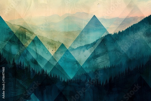Abstract geometric forest in vibrant sage and turquoise, mountain silhouette in the background