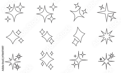 Minimalist twinkle star shape symbols. Shining star icons, abstract sparkle black silhouettes. Modern geometric elements, shining star icon set. Set of twinkling star vector on a white background. EPS