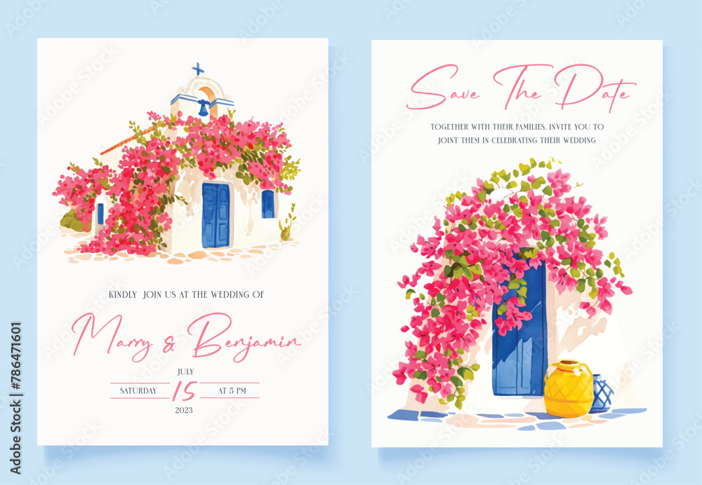 Naklejka premium Wedding invitation with hand drawn watercolor spring pink bougainvillea flower background