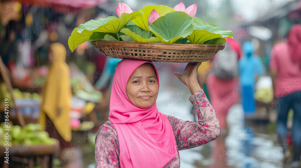 Indonesian Market: Smiling Woman in Pink Hijab Selling Leaves