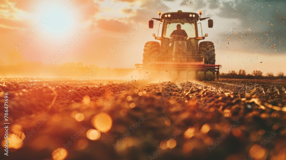 A dynamic shot of the farmer driving a seed drill machine to sow soybean seeds. A dynamic shot of the farmer driving a seed drill machine to sow soybean seeds.
