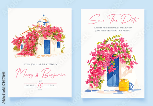 Wedding invitation with hand drawn watercolor spring pink bougainvillea flower background