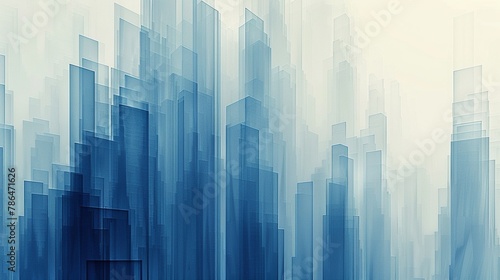 Abstract skyscrapers towering against a crisp white and blue gradient background  geometric patterns forming intricate tower silhouettes  emphasizing vertical lines and dynamic angles
