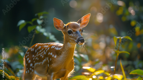 Young Spotted Fawn in a Sunlit Forest, Portrait of Graceful Wildlife