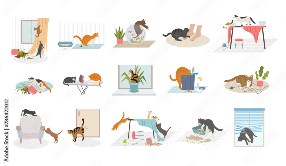 Domestic cats. Pets bad behavior in home interior destroying rooms recent vector cartoon illustrations