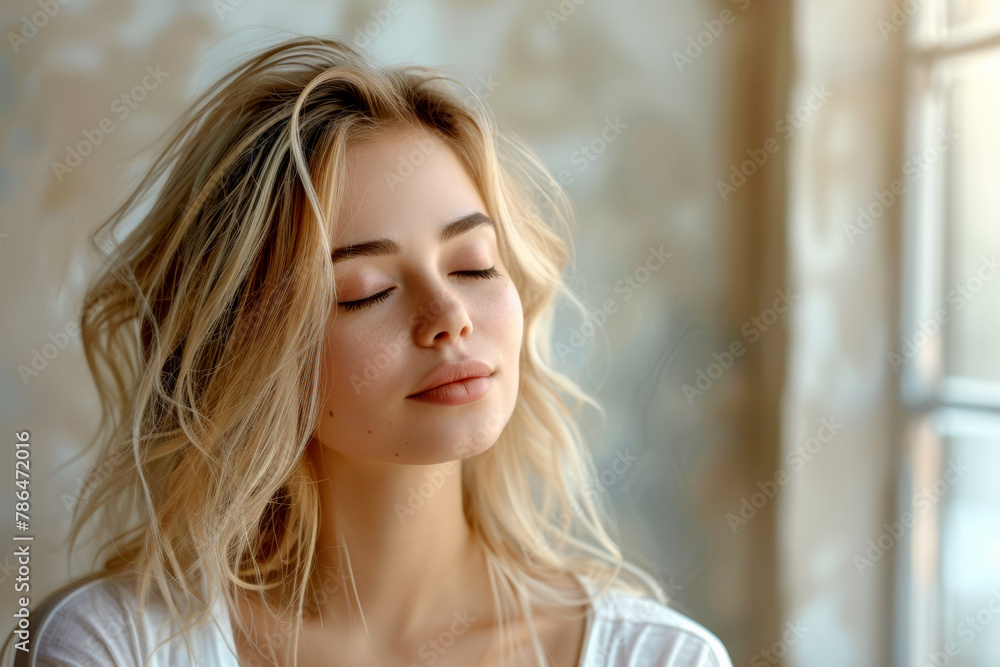 Beautiful woman enjoying a spa salon environment, relaxing and breathing fresh air with closed eyes Beautiful woman enjoying a spa salon environment, relaxing and breathing fresh air with closed eyes