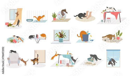 Domestic cats. Pets bad behavior in home interior destroying rooms recent vector cartoon illustrations