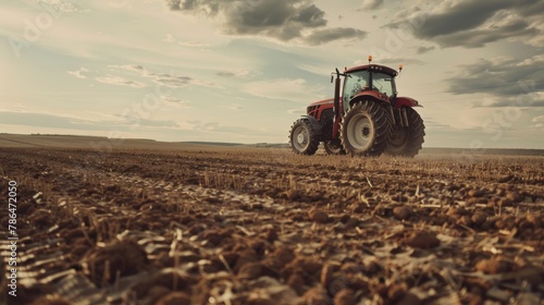 An action shot of the farmer using a tractor to cultivate the soil in the soybean field.