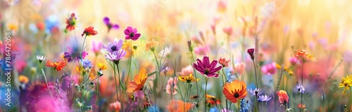 Colorful wildflowers in a meadow with a blurred background. © grigoryepremyan