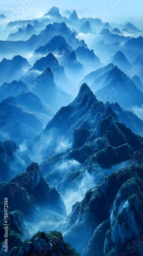 Mystical Blue Mountain Landscape with Rolling Fog and Ethereal Light