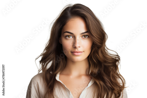 Confident Attractive Young Woman with Wavy Hair in Blouse - Transparent PNG