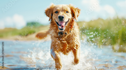 A golden retriever dog running in the lake, professional photography in a sunny day with a blue sky