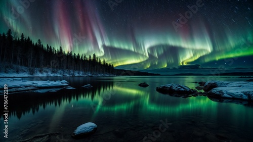 Beautiful Aurora Northern or Southern lights in starry night sky photo