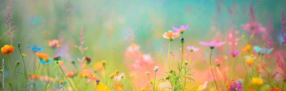 Spring blooming, beautiful meadow field full of flowers of different colors in full bloom.