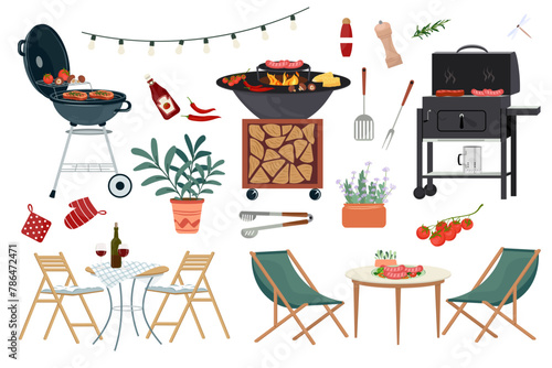Set of modern backyard furniture with moveable kitchen, outdoor furniture, bbq grills, plants. Cartoon flat elements, summer terrace and patio, lounge items, objects for relax picnic. Vector clipart