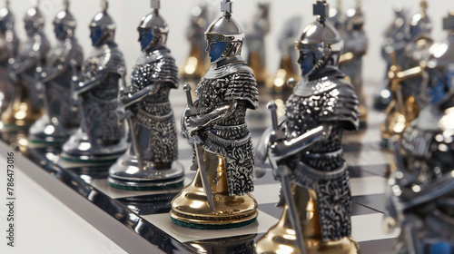 The ancient game of chess reenvisioned, with shiny metal warriors marking each strategic conquest, super realistic