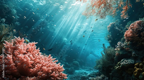 underwater coral reef seascape background with small coloful fish and transparent water photo