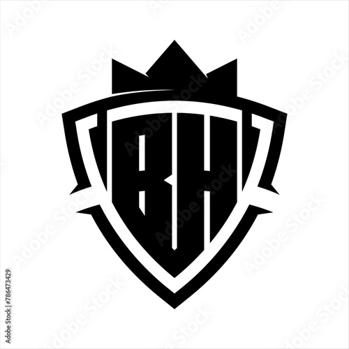 BH Letter bold monogram triangle curve shield shape with crown black and white background color design