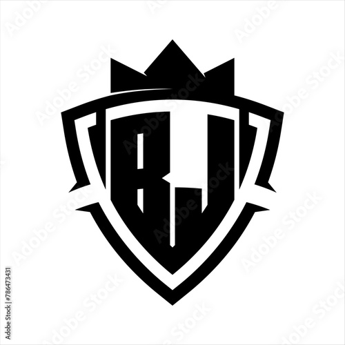 BJ Letter bold monogram triangle curve shield shape with crown black and white background color design