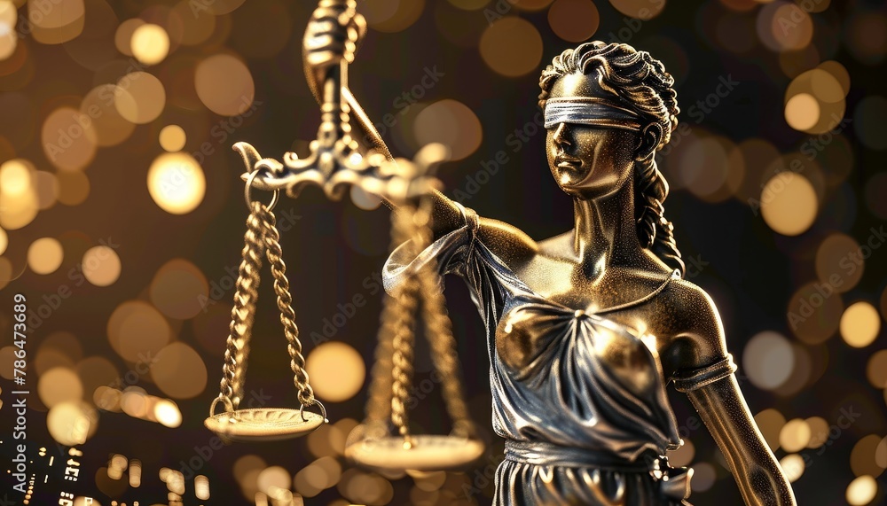 Fototapeta premium A woman in a gold statue is holding a pair of scales by AI generated image