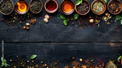 A Variety of Tea Leaves on a Black Wooden Table Top View Traditional Tea Industry Advertisement