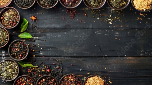 A Variety of Tea Leaves on a Black Wooden Table Top View Traditional Tea Industry Advertisement