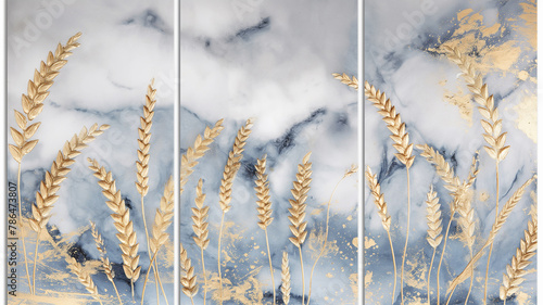 3-section wall painting prepared for room decoration and compositions, usable design for marble design. Examples of paintings for architectural interior design. Wheat pattern. photo