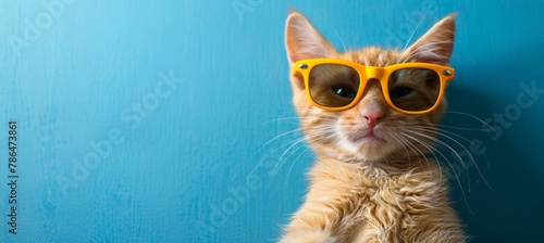 photo of a cute happy kitty wearing yellow sunglasses against a blue background