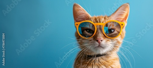 photo of a cute happy kitty wearing yellow sunglasses against a blue background