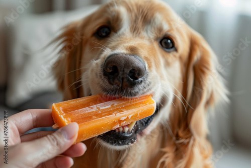 Photo of a Golden Retriever dog being fed an orange popsicle in the style of the owner's hand, in an indoor setting with a white curtain background photo