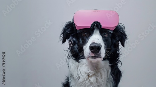 photo of black and white border collie wearing pink VR headset, solid white background © Jane_S