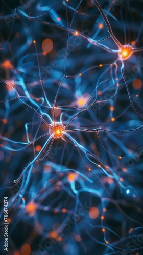 An awe-inspiring image showcasing the electrified neuronal matrix, with glowing orange and blue neural pathways weaving an intricately connected web of nervous system activity.