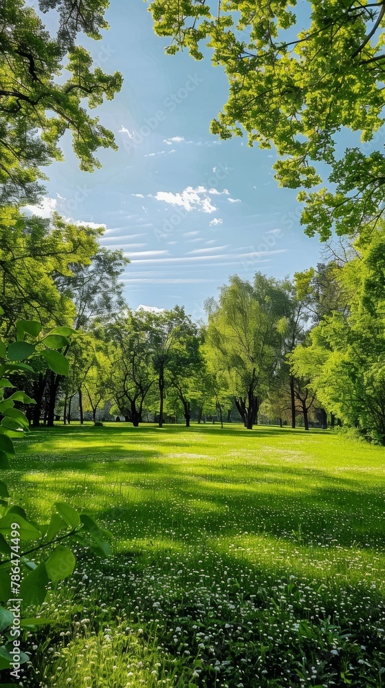 A tranquil park scene filled with a vibrant green lawn dotted with delicate white flowers, framed by a flourishing forest canopy under a picturesque blue sky.