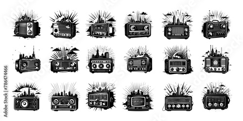 Radio stations logos black vector set. Vintage radio transmitters electrical device urban horizon waves elements isolated icons on white background