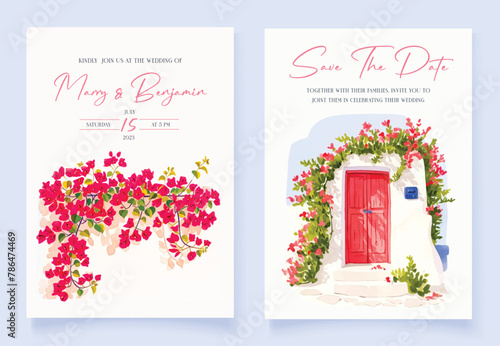 Wedding invitation with hand drawn watercolor spring pink bougainvillea flower background