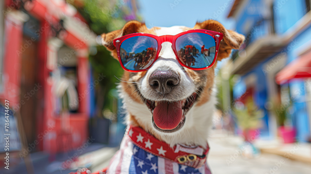 A dog wearing sunglasses and a red, white, and blue bandana. The dog is smiling and he is enjoying the attention A dog wearing sunglasses and a red, white, and blue bandana. The dog is smiling and he is enjoying the attention