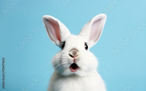 Adorable White Rabbit on Blue Background © Muh