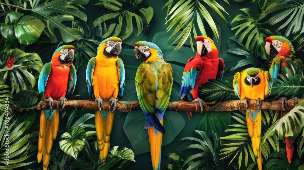 colorful parrots on a branch in the jungle. birds  and green background. Animal wallpaper